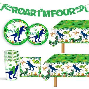 Dino Four Birthday Decorations Boy Plates Napkins and Cups Banners Table Cloth Roar I'm 4 Birthday Party Decorations for Boys Roar I'm Four Decorations