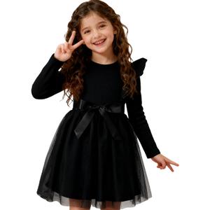Magic Park Toddler Tulle Dress Girl Long Sleeve Tutu Dress Kids Ribbed Dresses Holiday Birthday Outfits Girls (4-5T, Black)