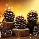 Baquler 3 Pcs Christmas LED Pine Cone Candles Large Xmas Flameless Pinecone Candles Battery Operated, Real Wax Pine Cone LED Flickering Pillar for Christmas Party Decoration, 4 x 5.5 Inches (Brown)