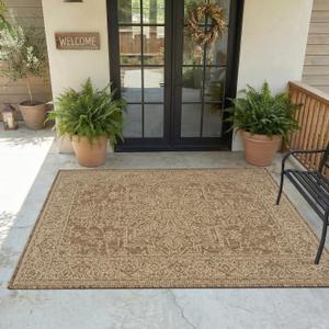 MontVoo-Polypropylene 3x5 ft Indoor Outdoor Entryway Rug Porch Rug Door Mats Rugs Small Accent, Textured Weave, Durable for High Traffic, Fade-Resistant, Non-Shedding, Vintage Medallion Neutral Brown