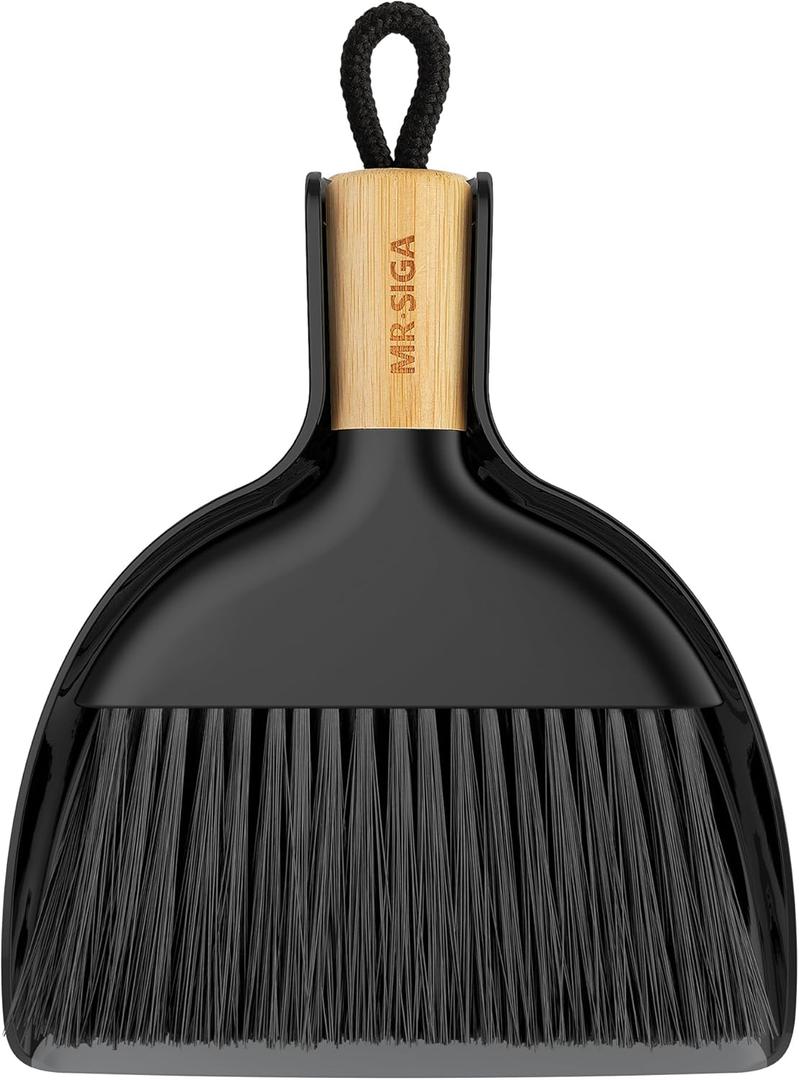 MR.SIGA Mini Dustpan and Brush Set, Portable Cleaning Brush and Dustpan Combo with Bamboo Handle, Black, 1 Set