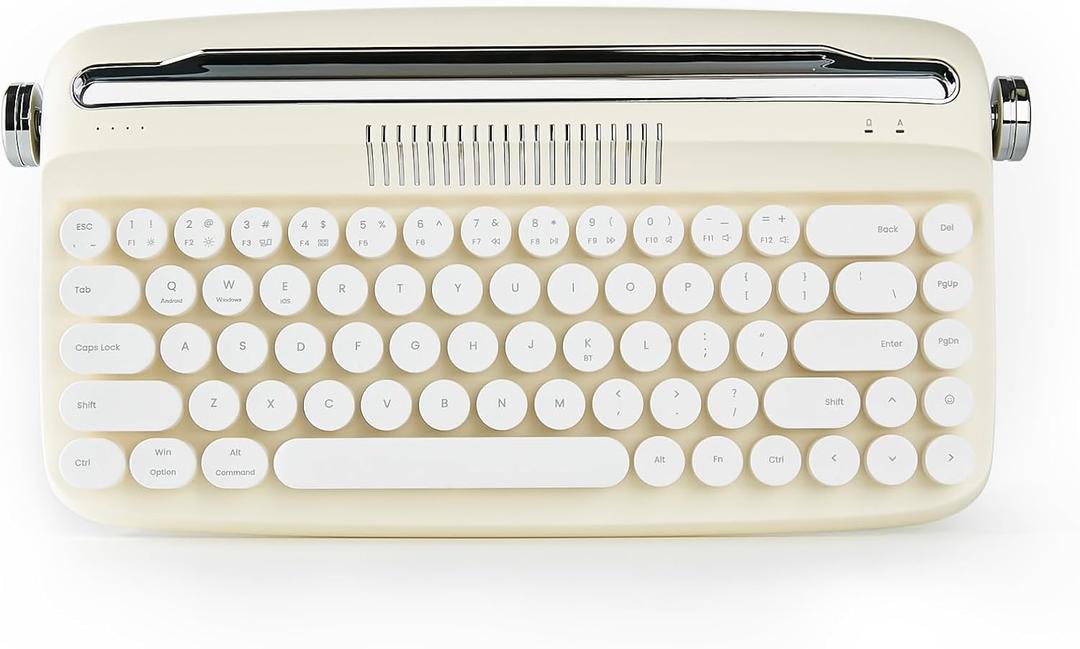 YUNZII Upgraded Wireless Typewriter Keyboard, Retro Aesthetic with Integrated Stand,Cute Round Keycaps, USB-C/Bluetooth Connection for Table, Phone, PC and Win/Mac/Android (B307, Ivory Butter)