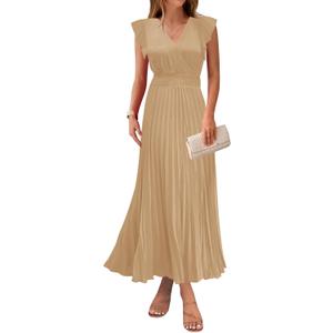 KIRUNDO Women's Summer Maxi Dresses Elegant V Neck Ruffle Flutter Sleeves Empire Waist Pleated Flowy Wedding Guest Dress (Beige, S)