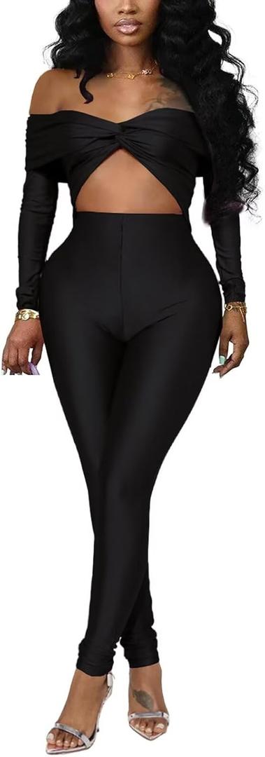 Women Sexy Off Shoulder Ruched Hollow Out Bodycon Long Pants Jumpsuit Romper Clubwear One Piece Outfits (Large, Black)