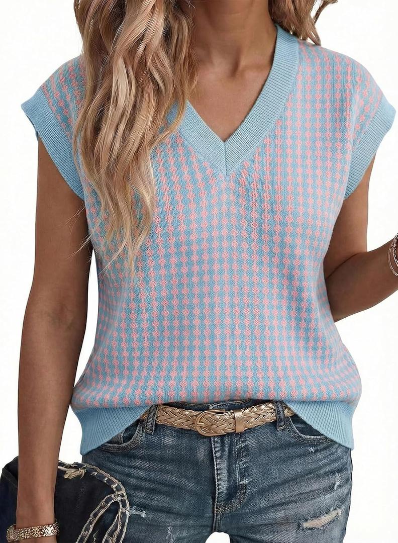 Dokotoo Womens Casual Summer Tops V Neck Short Sleeve Plaid Knit Vest Loose Fit Pullover Sweaters Blouses (Blue, XL)