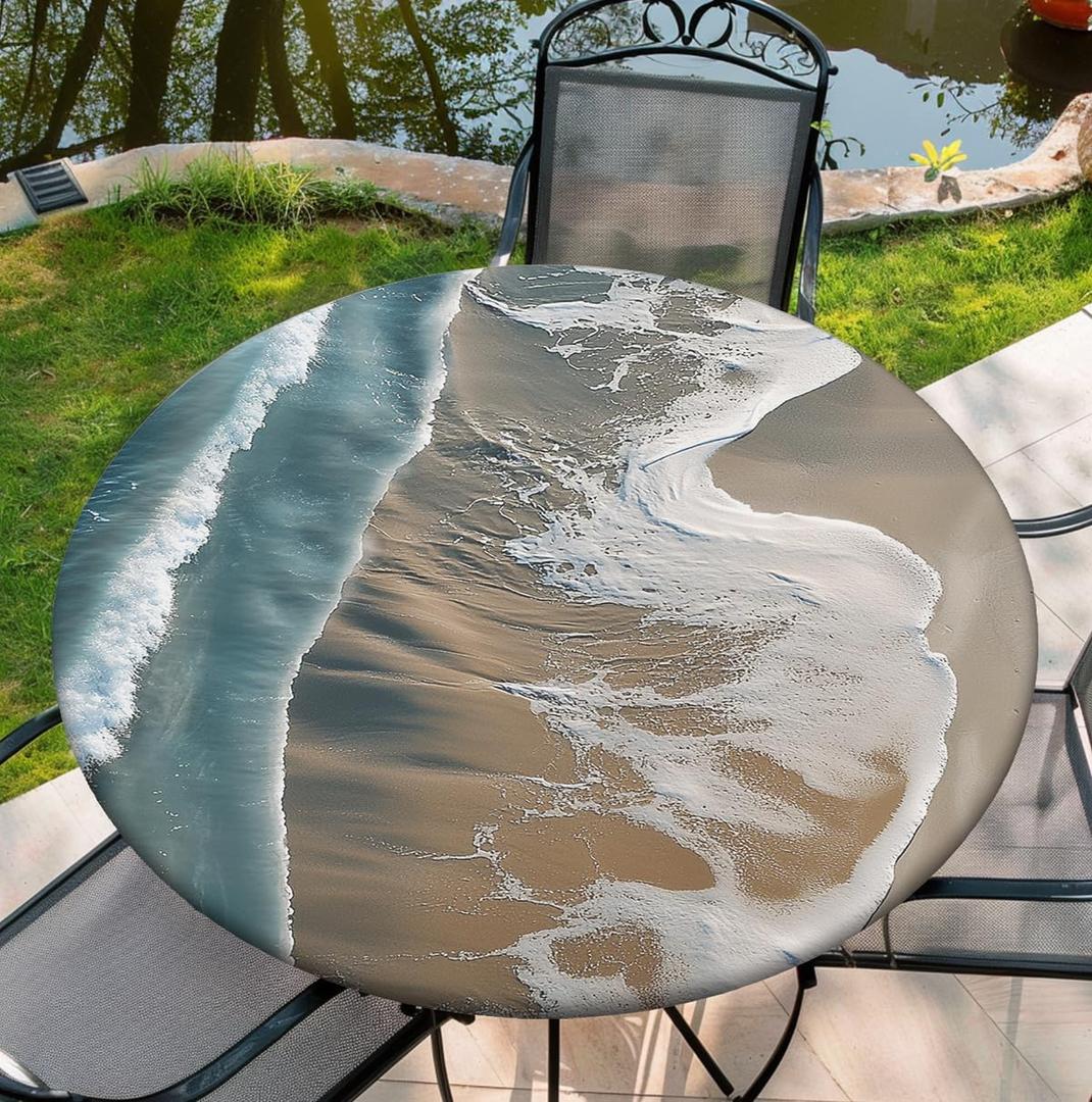 Elastic Tablecloth for Round Tables, 42"-46" Sea Round Table Cloths with Waterproof, Fitted Tablecloth for Outdoor,Dining, Kitchen, 48"