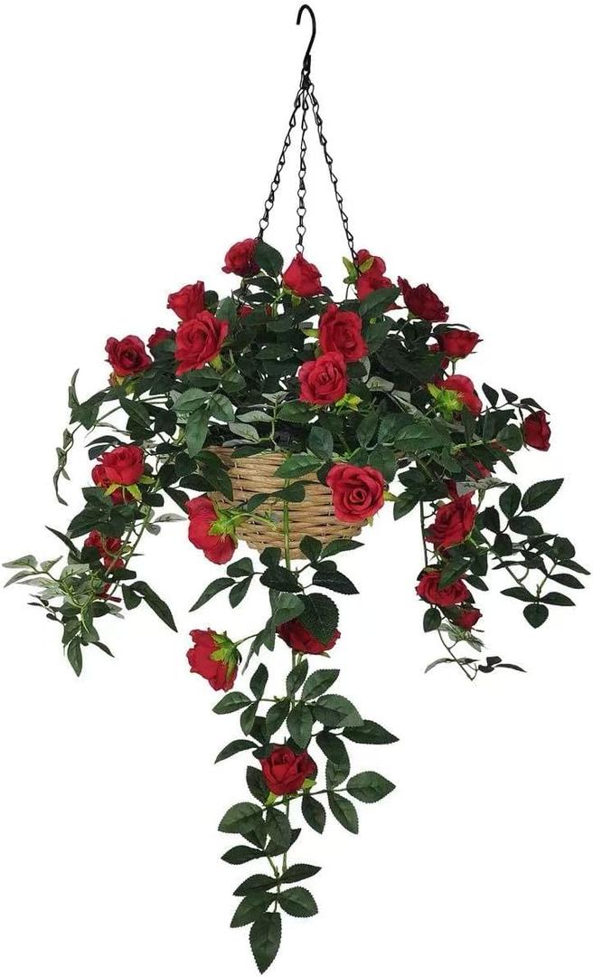 365 Blooming Decor Artificial Hanging Red Rose 31.5" x 24" Faux Hanging Flower with Durable Plastic Wicker Style Basket,Realistic,Weather-Resistant for Outdoor & Indoor Porch, Patio, Garden Decor