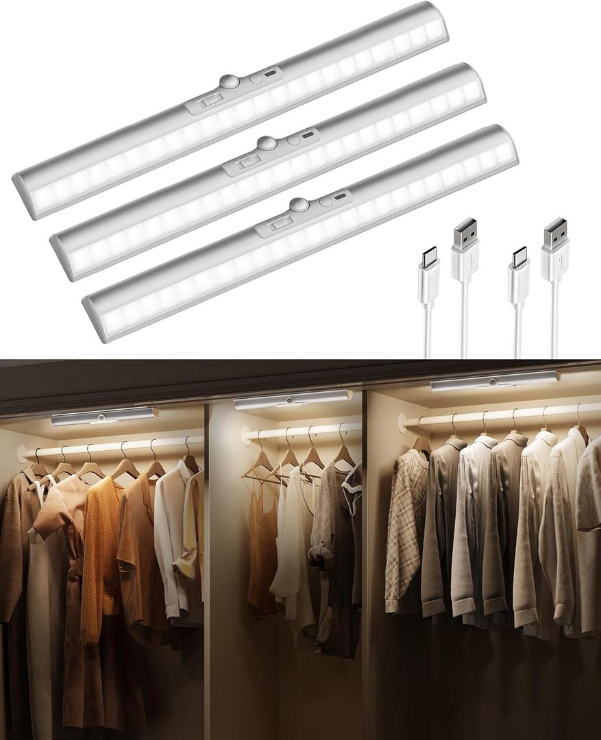 EZVALO 3 Pack Motion Sensor Closet Lights, 15inch Rechargeable Cabinet Lights with Rotatable Sensor, Glare-Free, 3 Color Temps & Dimmable, Magnetic Night Light for Pantry, Stairs