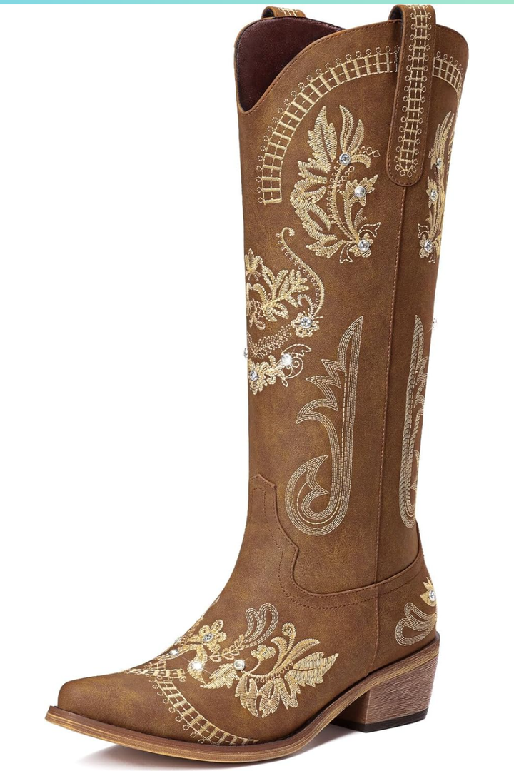 Cowboy Boots for Women - Wide Calf Knee High Cowgirl Boots, Glitter Sparkly Rhinestone Western Country Boots with Classic Embroidery, Pointed Toe Pull On Zipper Retro Boots Size 11
