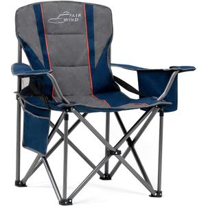 FAIR WIND Padded Camping Chair 500LBS Capacity Heavy Duty Oversized Folding Chair for Heavy People Portable Lawn Chair with Adjustable Lumbar Support, Cooler Bag & Cup Holder for Outdoor, Beach (Single Pack, Blue)