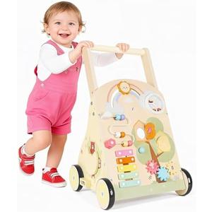 Rosynee Wooden Baby Push Walker Toy - Montessori Wood Walker for Babies Learning to Walk, Walking Push Toys with Activity Center Adjustable Speed & Height for 1 Year Old Kids, 12 Months+ Boys Girls
