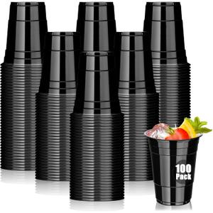 Dualshine 100 Pack Black Plastic Cups 16 oz, Disposable Cups for Party, Heavy Duty Drinking Cups, Graduation Shot Cup for Wedding Birthday Beer Taste Serving SnackSample Tastings Barbecues Picnic