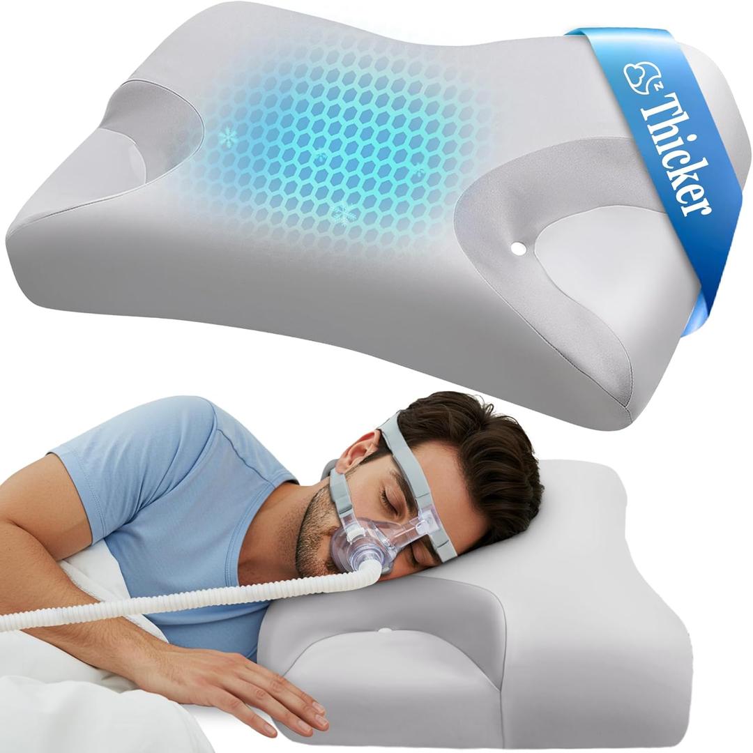 CPAP Cervical Pillow for Side Sleepers Reduce Mask Air Leaks & Pressure, Ergonomic Neck Support for Pain Relief, Dual-Height Memory Foam Pillow with Cooling Cover for Side, Back & Stomach Sleepers