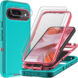 for Google Pixel 9 Case with 2Pcs Tempered Glass Screen Protector and 1Pcs Camera Lens Protector, Military Grade 3 in 1 Heavy Duty Shockproof/Drop Proof/Dust Proof Case (Aqua Blue/Pink)