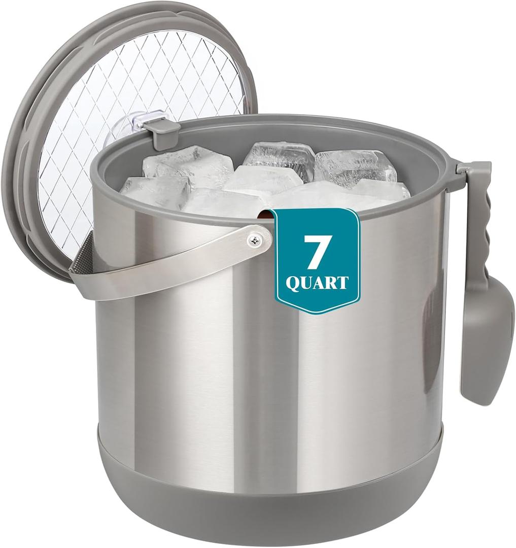 6.8L/7QT Insulated Ice Bucket with Lid & Scoop,Double-Wall Ice Bucket for Parties,Cocktail Bar(Grey) 