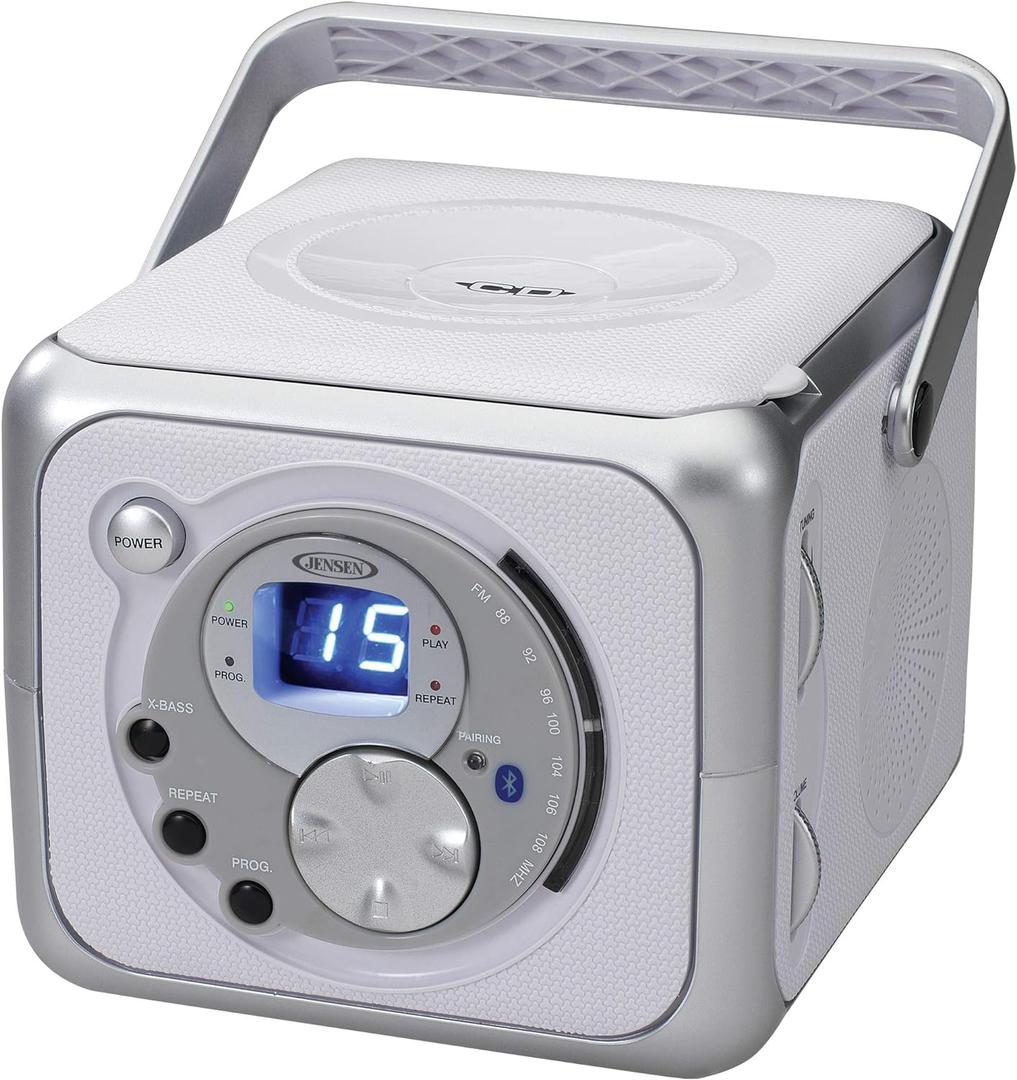 Jensen FM Stereo CD555 Bluetooth Boombox, Silver, 7.00 x 9.75 x 6.00 inches