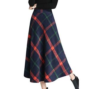Tanming Women's Winter Warm Elastic Waist Wool Plaid A-Line Pleated Long Skirt (Dark Blue-L)