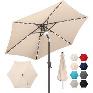 10FT Solar Patio Umbrella - Outdoor Umbrella with Centre Surround Light 24 LED Lights, Market Table Umbrella with Tilt for Pool, Porch, Garden, Deck, Backyard UV Protection (Beige)