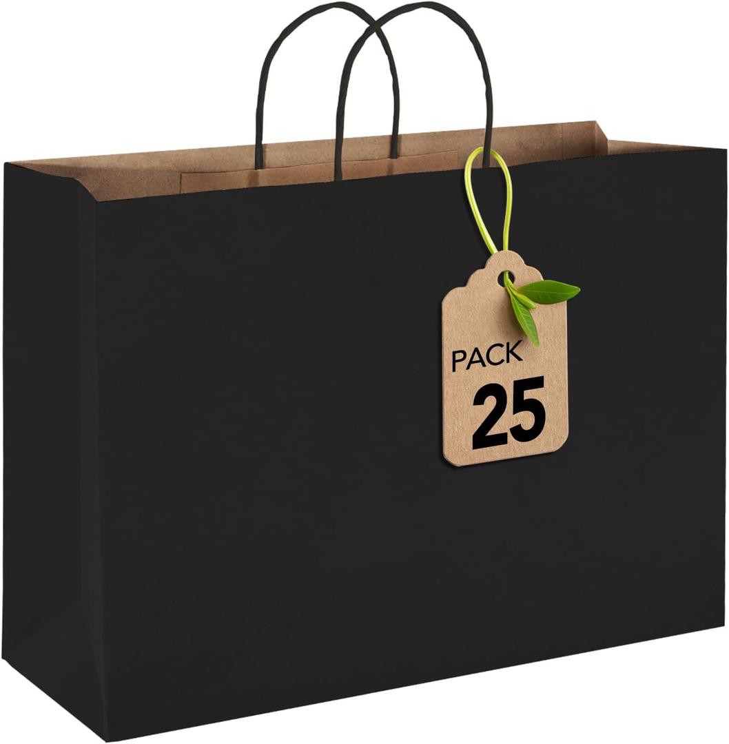MESHA Large Black Paper Bags with Handles 16x6x12 Inch 25 Pack Paper Shopping Bags Large Gift Bags Craft Bag Kraft Bag for Small Business