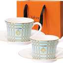 YALONG Ceramic Tea Cup and Saucer Set of 2, 7oz, Cappuccino, Latte Coffee Cup, Suitable for Afternoon Tea, Breakfast Tea and Dessert, Bone China, Light Blue Circular Gold Edge