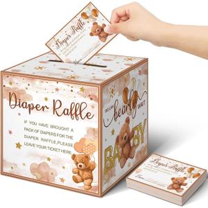 Fuutreo 51 Pcs Bear Diaper Raffle Tickets with Diaper Raffle Card Box for Baby Shower Decor Balloon Themed Baby Shower Decorations for Games Prizes Gender Reveal Party Supplies