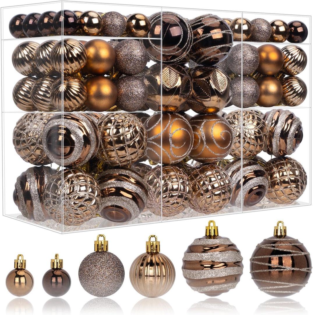 100ct Christmas Ball Ornaments Set, Bronze Copper Brown Dark Gold Xmas Tree Decorations, Shatterproof Decorative Hanging Balls with Brass-Tone Metallic Finish for Party Holiday Home Decor
