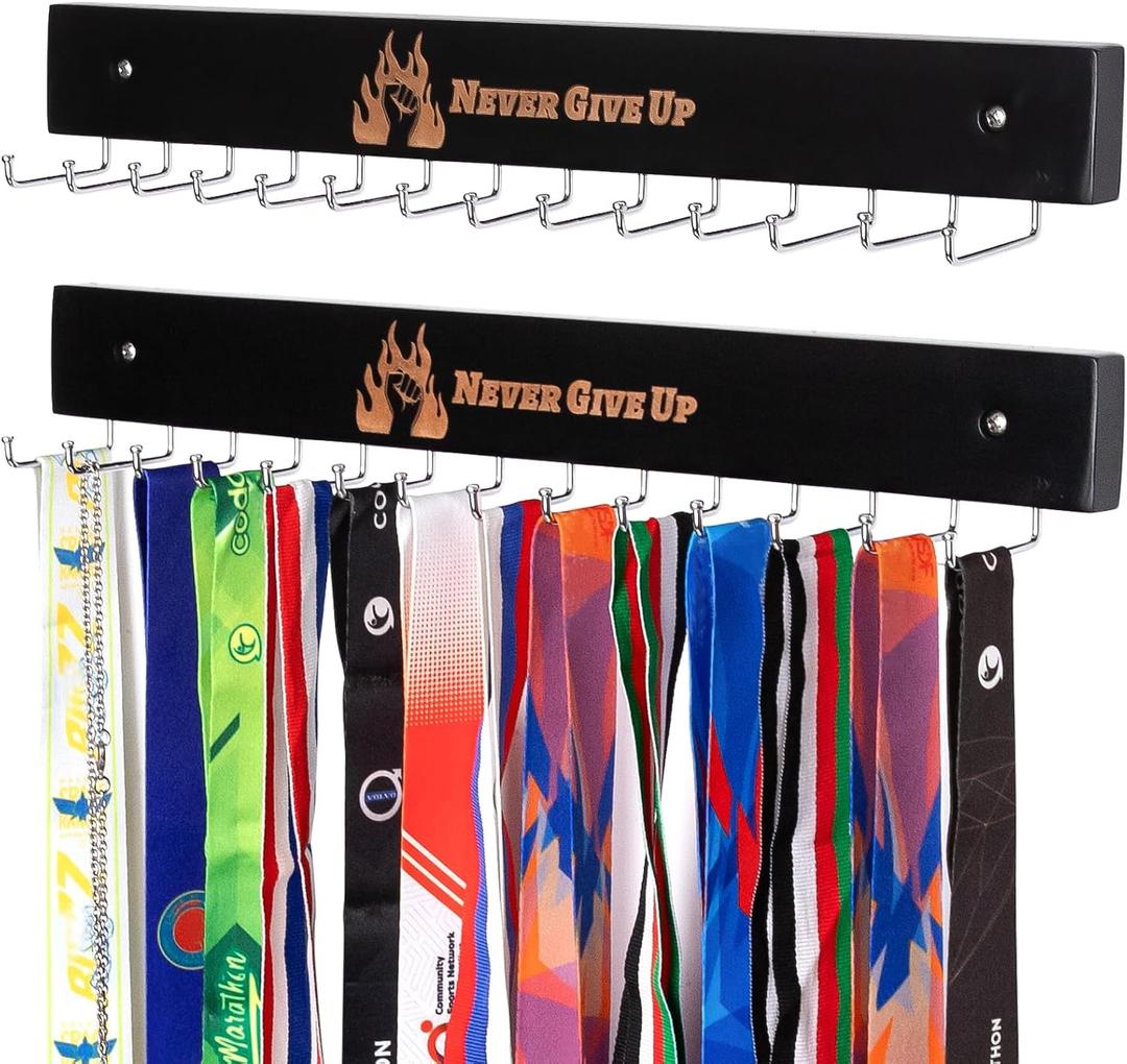 Wall-Mounted Medal Hooks Display Organizer 2 Pack-14 L-Shaped Metal Hooks with Engraved Never Give Up Wood Plaque | Medal Hanger Display for Sports, Race Bibs, Necklaces & Keys (Black, Never Give Up)