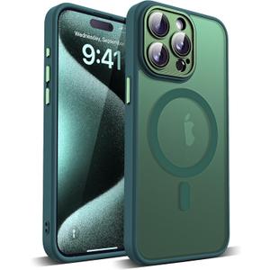 YEMORAN Compatible with iPhone 15 Pro Case with Built-in Camera Lens Protectors Translucent Magnetic 15 Pro Phone Case 6.1" [Compatible with Mag-Safe][Great Grip Feeling], Green