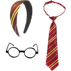 Sheliky Halloween Costume Accessories Women Vivid Burgundy Red Stripe Headband Tie Black Glasses Dress Up Cosplay Party Set