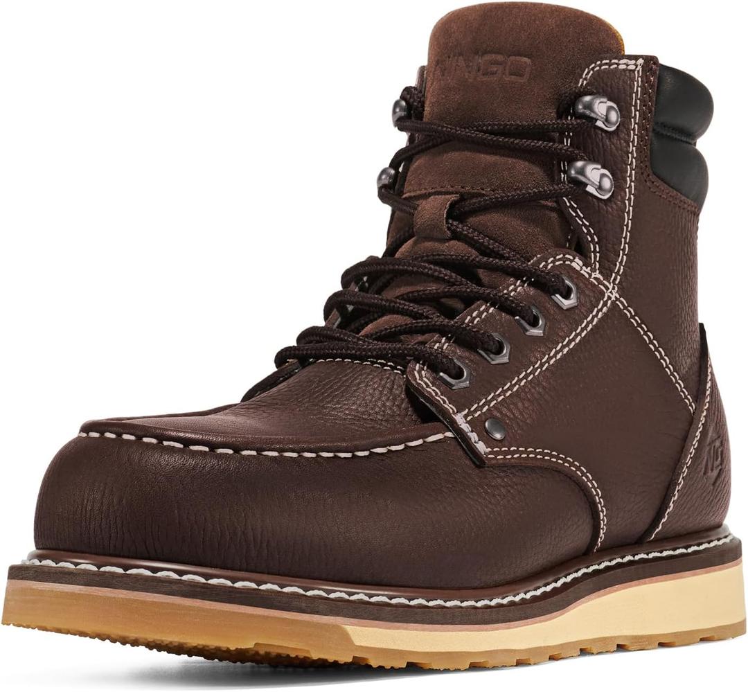 NINGO Steel/Soft Toe Work Boots for Men, 6 Inch Waterproof Mens Wedge Moc Toe Boots, Full-Grain Leather, Oil and Slip-Resistant Safety Boots, EH Protection,Work Boots for Construction, Industrial (8, Dark Brown 1)