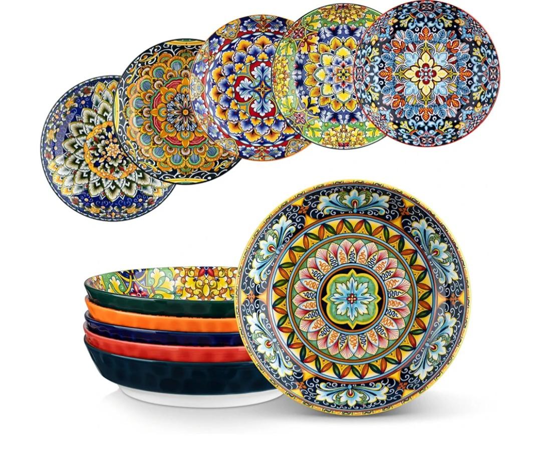 vancasso 32 Oz Pasta Bowls Sets of 6, Ceramic Large Colorful Salad Serving Bowls for Kitchen, Dishwasher & Microwave Safe, Soup Pasta Plates