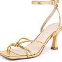LAICIGO Women's Square Open Toe Heeled Sandals Stiletto Kitten Heel Ankle Buckle Strap Slingback Summer Dress Sandals (Gold), 7