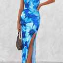 BTFBM Summer Dresses for Women 2026 Bodycon Spaghetti Strap Floral High Split Maxi Cocktail Wedding Guest Dress (L)