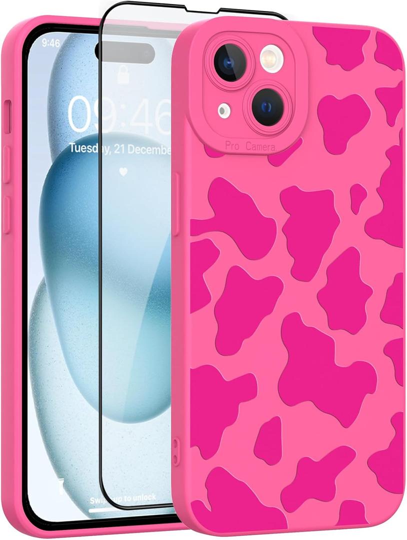 Case for iPhone 15 Case Cow Print Pattern Hot Pink Design Tire Texture Non-Slip + Soft TPU Bumper Anti-Slip Ultra Thin Cover Protective Shockproof Case for iPhone 15