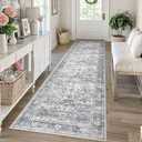 KUTA Vintage Washable Runner Rug, 2.6x10 Grey Blue Runners for Hallways Non-Slip Kitchen Rugs Ultra Thin Soft Printed Distressed Oriental Floral Floor Carpet for Laundry Bedroom Living Room Nursery