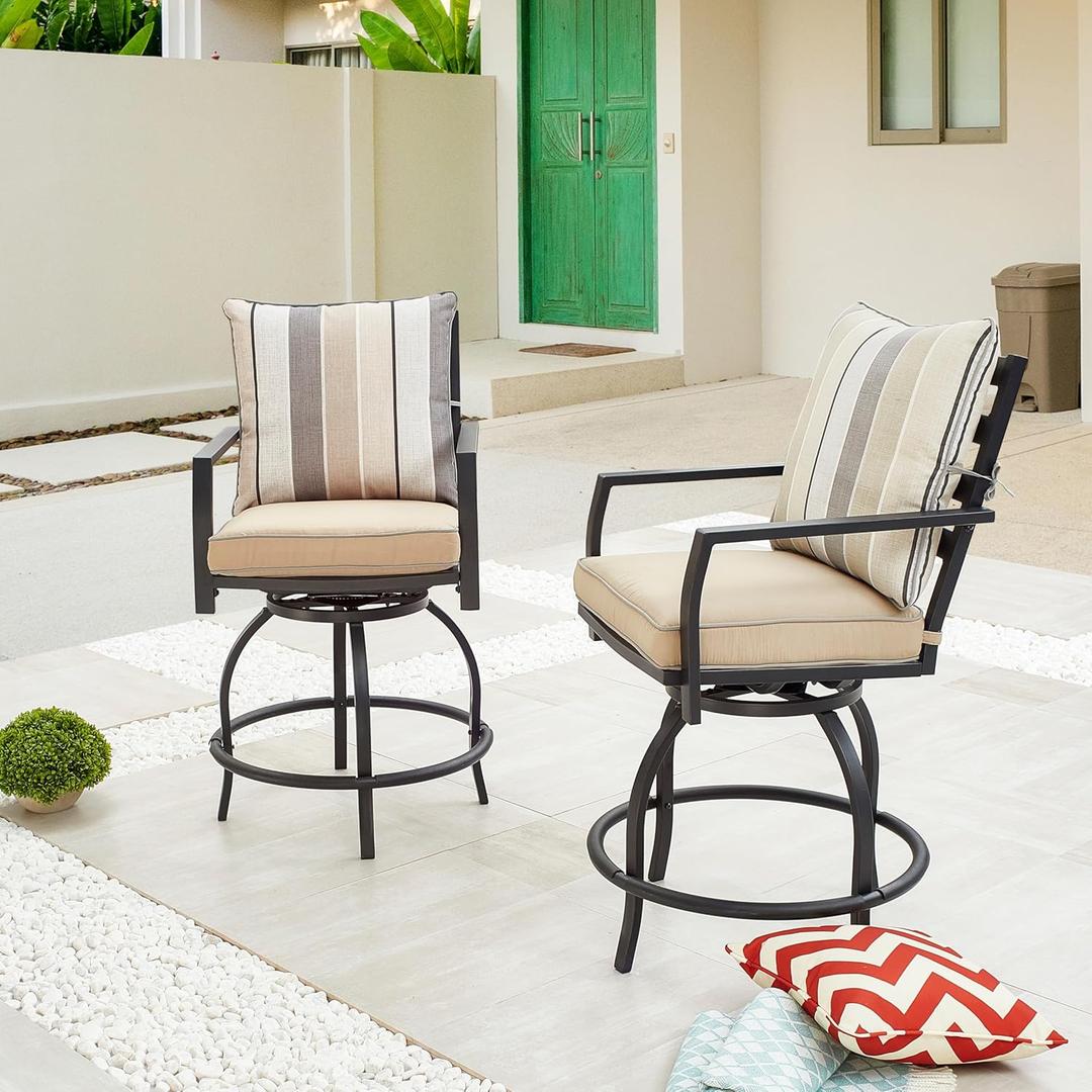 LOKATSE Home 2 PCS Outdoor Patio Bar Height Swivel Chairs with Seat and Back Cushions, for Backyard, Garden, Bistro, Deck, Poolside (Beige)