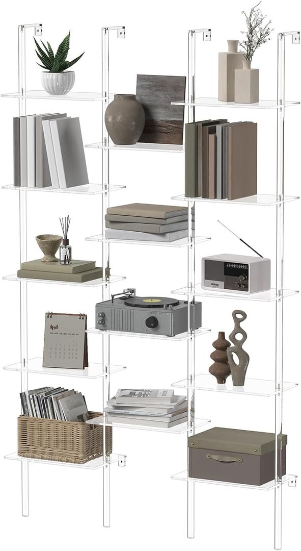 Acrylic Bookshelf, Wall Mounted, 5-Tier Clear Ladder Bookshelf with 14 Open Shelves, Multipurpose Bookcase for Living Room, Bathroom, Office, Modern, 9.5" D x 43.5" W x 72.8" H