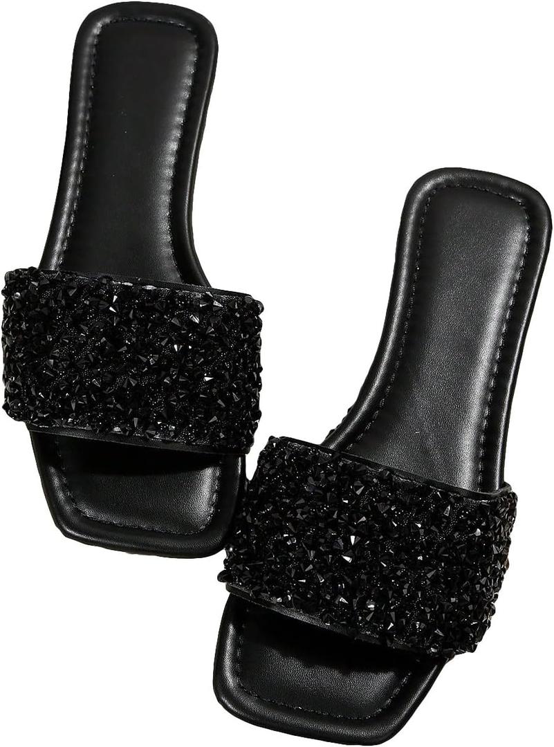 GORGLITTER Women's Sparkly Jeweled Flat Sandals Dressy Open Toe Glitter Shiny Slippers Slip-on Shoes (Black, 40)