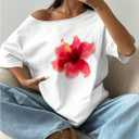 Women's Oversized Off Shoulder Graphic Tees Short Sleeve Bow Letter Print T Shirts Y2K Tops (XL)