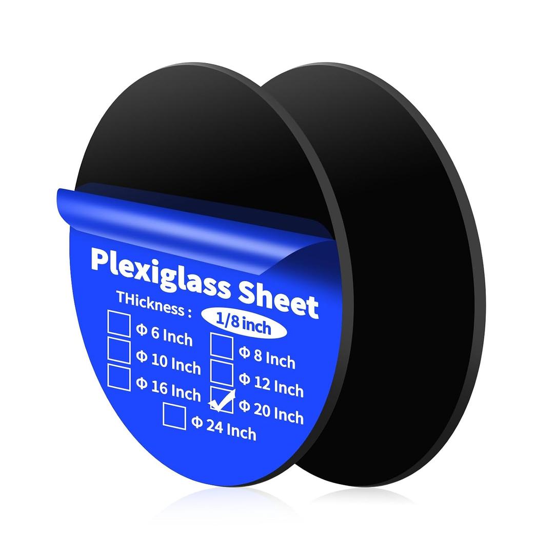Art3d 2Pcs 1/8" Round Acrylic Sheets in Black, 20 Inch Diameter Acrylic Circle Sheets, Round Plexiglass Disc, Circle PET Panel for DIY, Cake, Crafts, Table Top