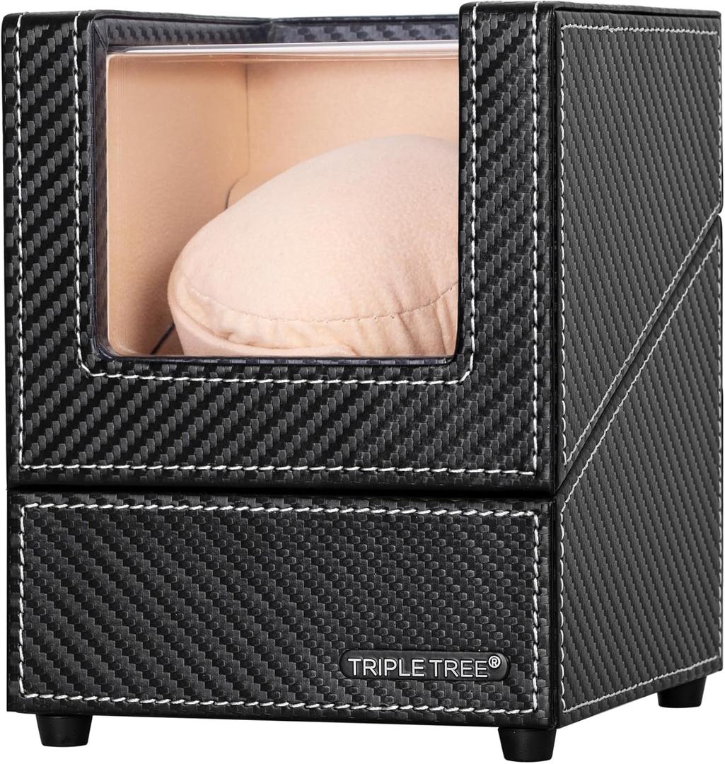 TRIPLE TREE Single Watch Winder for Automatic Watches, with Super Quiet Japanese Motor, 4 Rotation Mode Setting, Flexible Plush Pillow Fit Lady and Man Watches (Carbon Fibre)