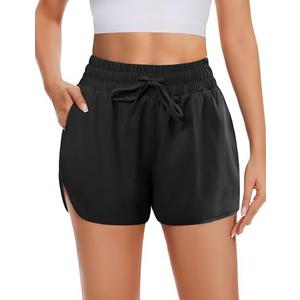 DDOBB High Waisted Running Shorts for Women with Pockets, 2.5" Black Athletic Workout Gym Yoga Spandex Dolphin Shorts M/L