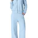 QINSEN Women's 2 Piece Outfits Long Sleeve Zip Up Lapel Sweatshirt Wide Leg Pants with Pockets Matching Sets Sky Blue, M