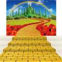 4Pack Yellow Brick Road Runner and Emerald Castle Backdrop for Wizard Party Decorations,Yellow Brick Stone Road Leading Emerald Castle Rainbow Background for Photography Halloween Princess Party Decor