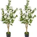 4Ft Artificial Camellia Tree 2pack, White Silk Flowers Faux Plant for Indoor Outdoor Home Decor, Realistic Potted Greenery for Office Porch Living Room