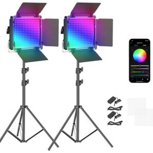 NEEWER 2 Pack 660 PRO RGB LED Video Light with App Control Tripod Stand Kit, Studio Panel Key Lighting for Gaming Streaming Zoom YouTube Webex Photography, 360 Full Color, 50W Dimmable, Bluetooth