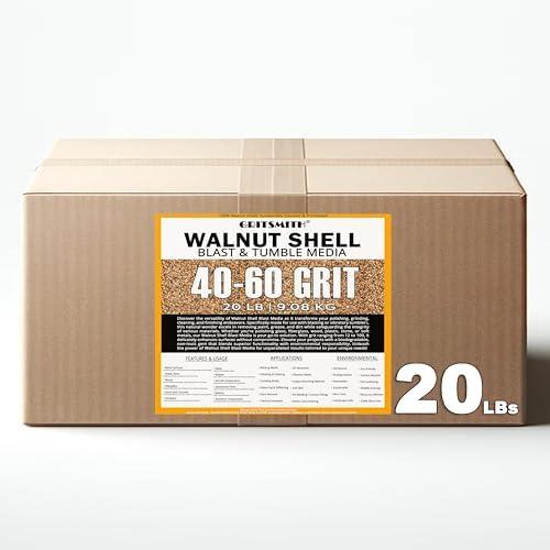 GRITSMITH 40-60 Grit Ground Walnut Shell Media (20 LBS / 9.08 KG) - Extra Fine Grit for Tumbling, Blasting, Vibratory, Polishing, Deburring