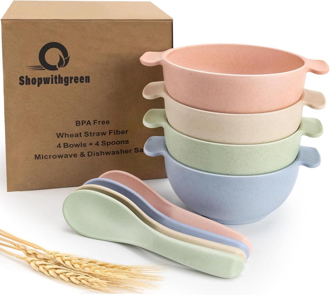Shopwithgreen Unbreakable Kids Bowls -Microwave Dishwasher Safe- Wheat Straw Snack Bowl Sets for Kids and Toddler-4 Bowls and 4 Spoons, Lightweight and Durable, 14 OZ, Blush