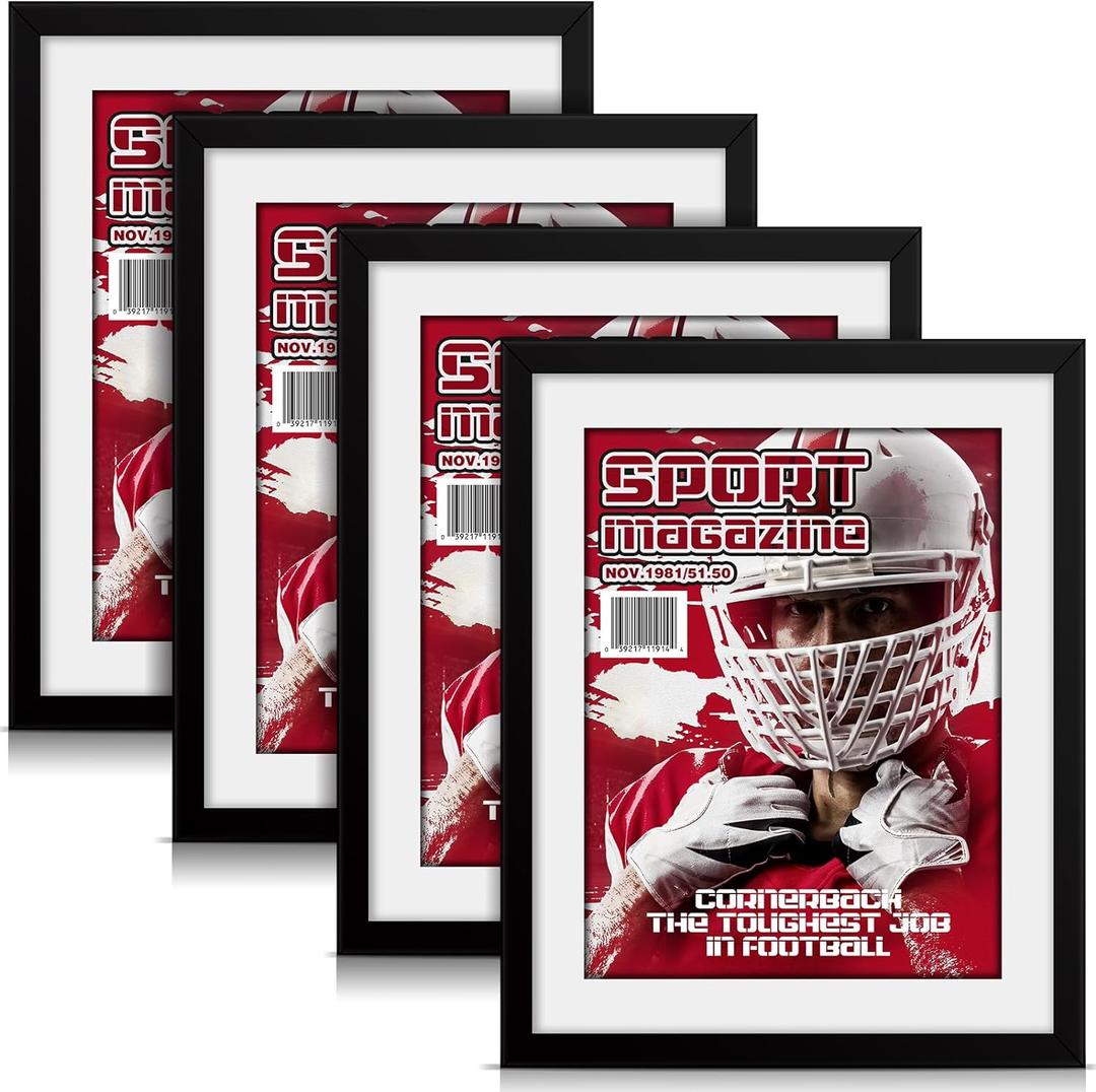 Geetery 4 Pcs Sports Magazine Frame for Wall Fits Measuring 8.5 x 11.25" Magazine Display Frame with Installed Hangers and Core Matting Plastic Comic Book Frames for Wall Hanging(Black , White Mat)