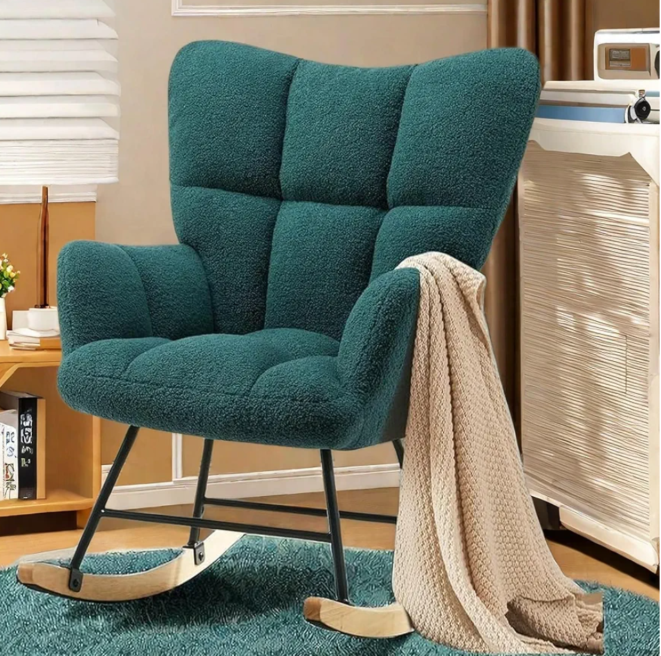 Comfy Rocking Chair Nursery Upholstered Glider Rocker w/High Backrest and Padded Seat for Relaxation in Living Room, Bedroom, Green